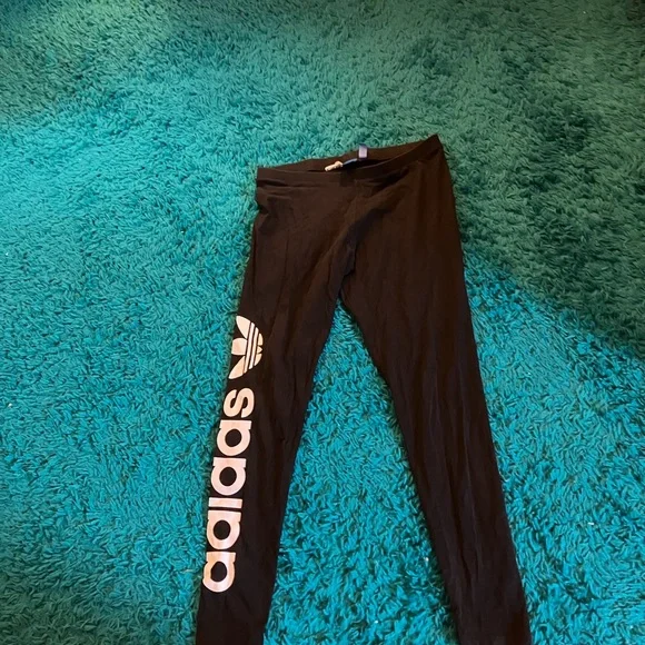 Adidas logo leggings L 10 12 black white pants SALE sold out in stores! - Picture 4 of 4